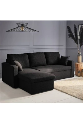 Canapé d'angle Sweeek Canapé d'angle convertible en tissu noir - IDA - 3 places fauteuil d'angle réversible coffre rangement lit modulable