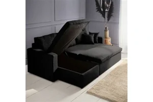 Canapé d'angle Sweeek Canapé d'angle convertible en tissu noir - IDA - 3 places fauteuil d'angle réversible coffre rangement lit modulable