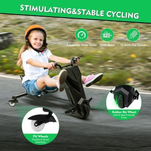 JINPRDAMZ Tricycle électrique à 360° pour enfants avec moteur électrique 250 W, 3 vitesses, éclairage LED et siège réglable Noir