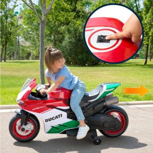 FEBER - Ducati 2138, moto enfant à batterie 12 volts, avec lumières et sons de démarrage et klaxon, véhicule de sport sans danger pour enfants, vitesse 3,5 à 8,6 km/h, 3 ans,