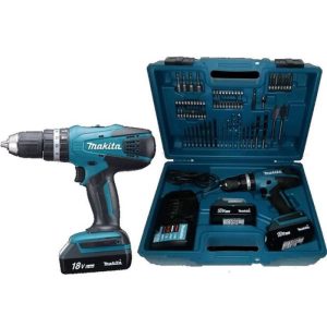 MAKITA Perceuse visseuse à percussion HP457DWE10 - 2x18V - 1,5Ah - 74 accessoires